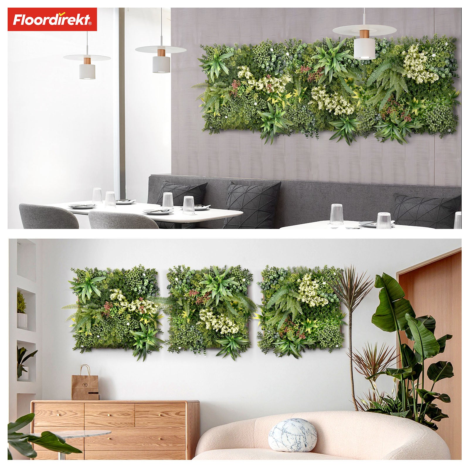 Mur végétal | Rhea | Décoration murale élégante avec plantes vertes et fleurs blanches | 50 x 50 cm