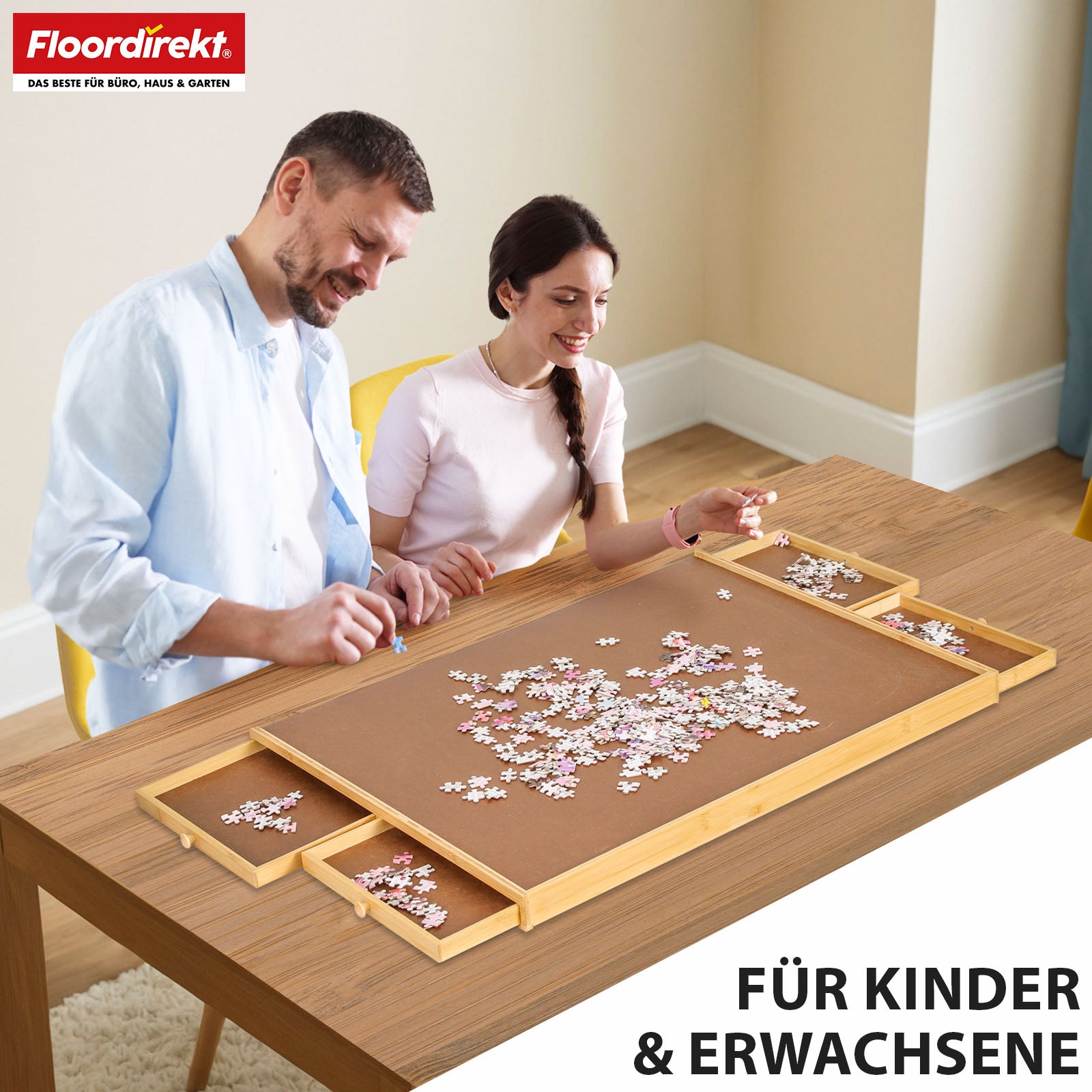 Table de puzzle | Yukon | Support de puzzle compact avec tiroirs en bambou & MDF | Pour jusqu'à 1000 pièces