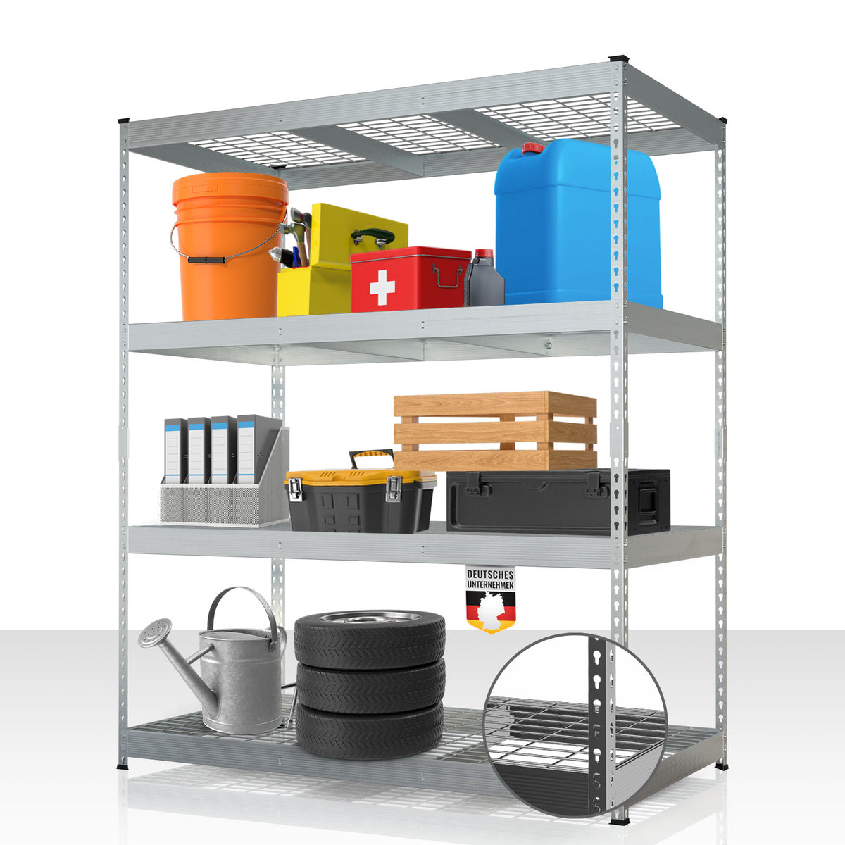 Étagère pour charges lourdes | Yukon Rivet | Étagère en acier avec tablettes grillagées | Capacité de charge de 250-350 kg par étage | Différentes tailles et couleurs