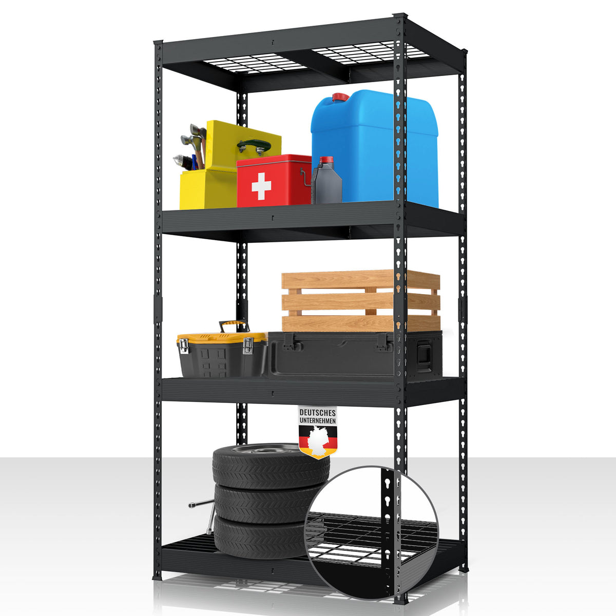 Étagère pour charges lourdes | Yukon Rivet | Étagère en acier avec tablettes grillagées | Capacité de charge de 250-350 kg par étage | Différentes tailles et couleurs