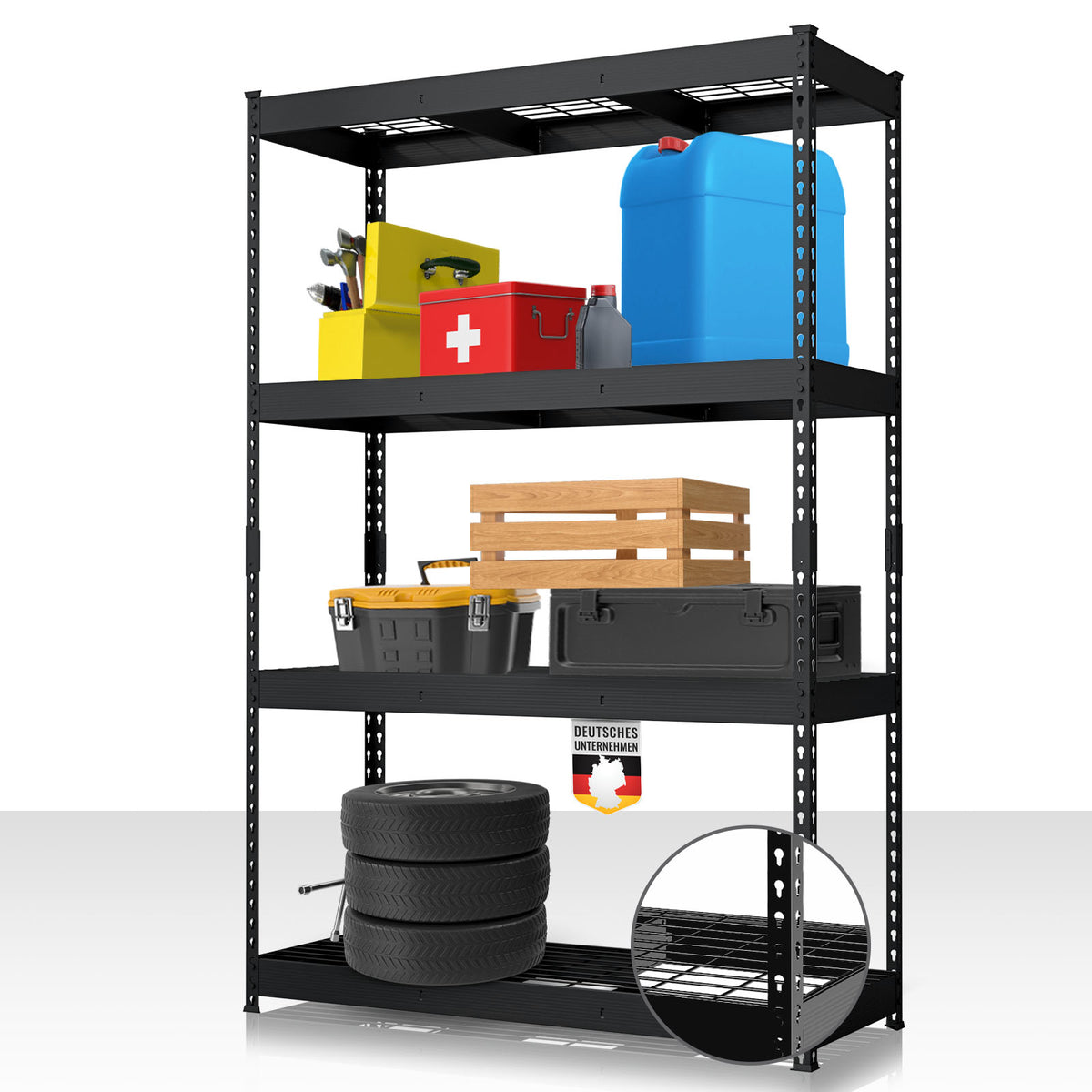 Étagère pour charges lourdes | Yukon Rivet | Étagère en acier avec tablettes grillagées | Capacité de charge de 250-350 kg par étage | Différentes tailles et couleurs