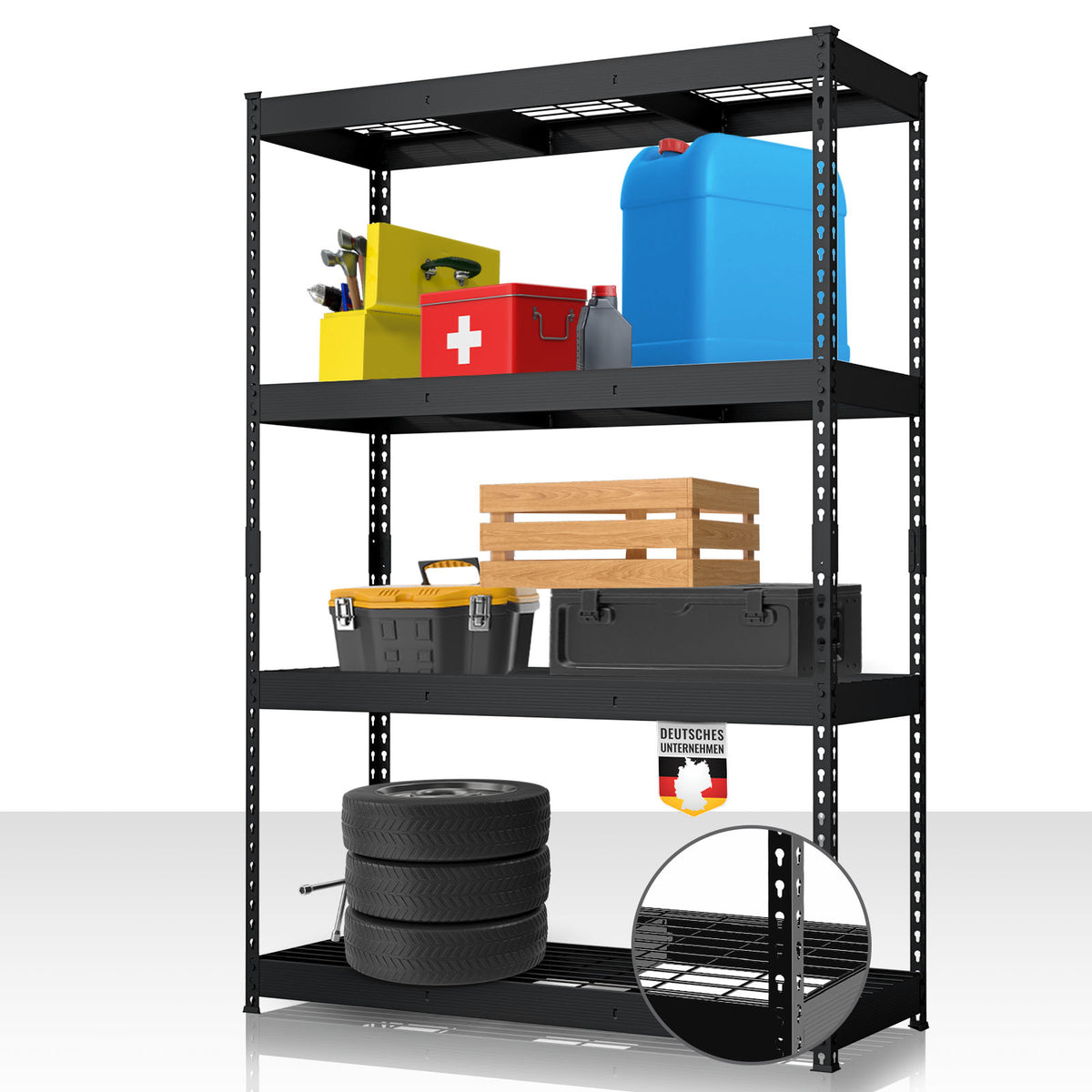 Étagère pour charges lourdes | Yukon Rivet | Étagère en acier avec tablettes grillagées | Capacité de charge de 250-350 kg par étage | Différentes tailles et couleurs