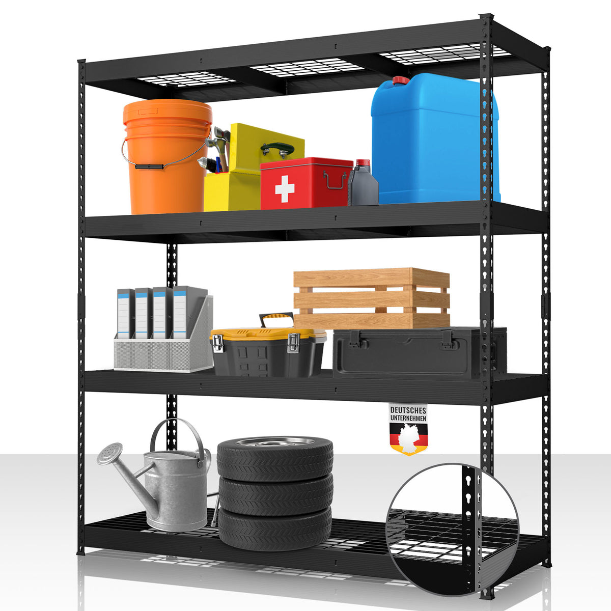 Étagère pour charges lourdes | Yukon Rivet | Étagère en acier avec tablettes grillagées | Capacité de charge de 250-350 kg par étage | Différentes tailles et couleurs