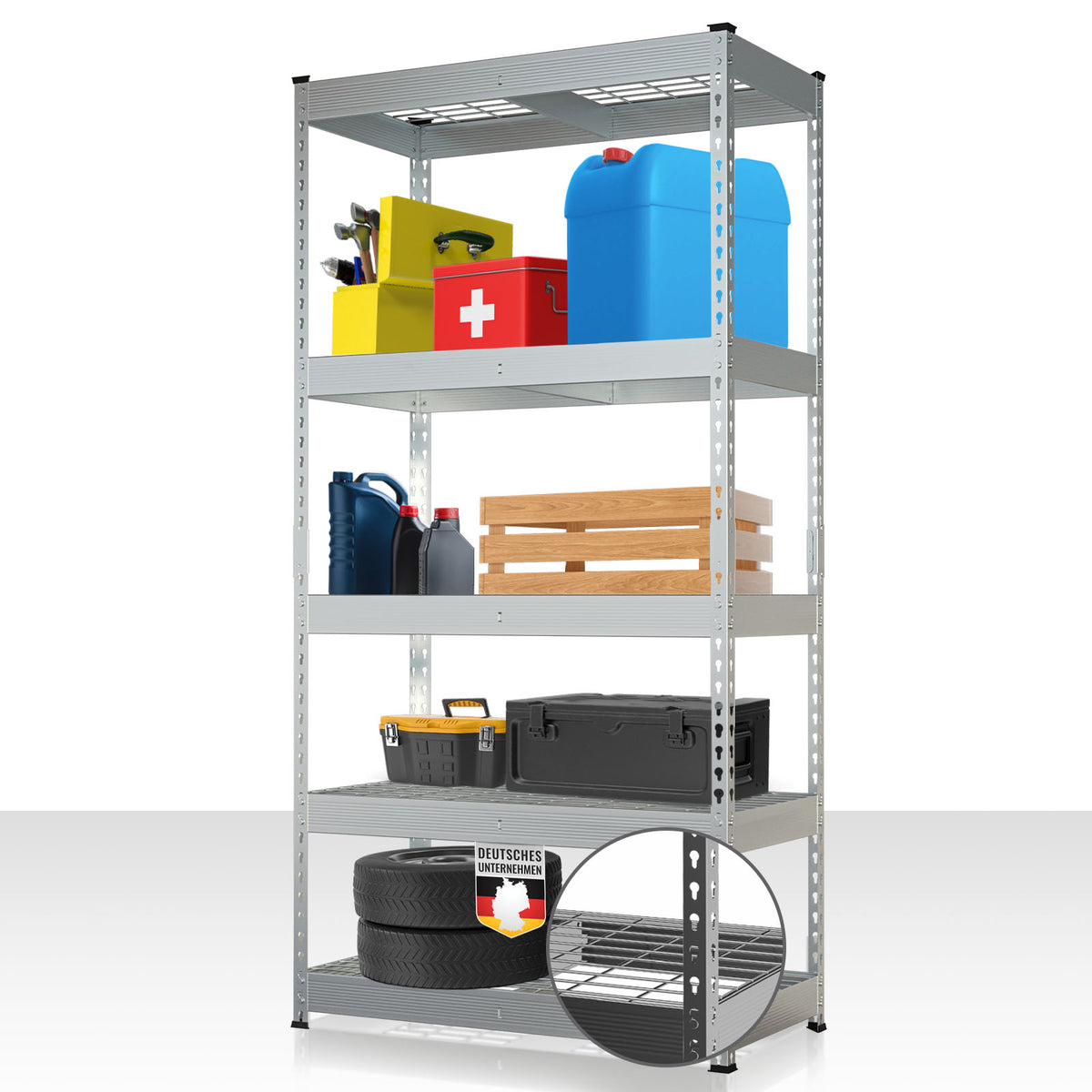 Étagère pour charges lourdes | Yukon Rivet | Étagère en acier avec tablettes grillagées | Capacité de charge de 250-350 kg par étage | Différentes tailles et couleurs