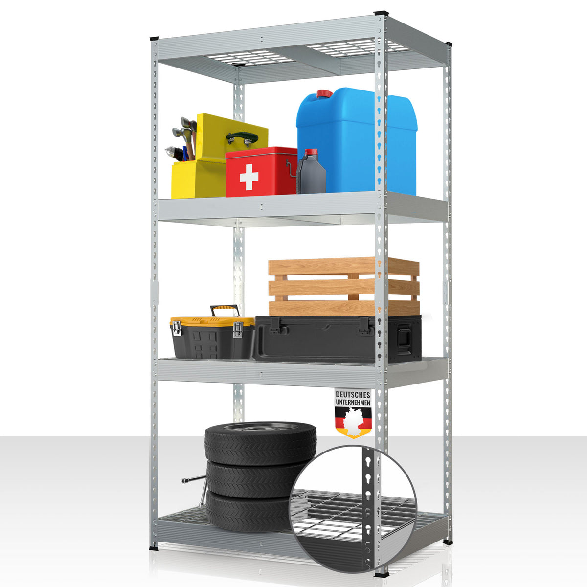 Étagère pour charges lourdes | Yukon Rivet | Étagère en acier avec tablettes grillagées | Capacité de charge de 250-350 kg par étage | Différentes tailles et couleurs