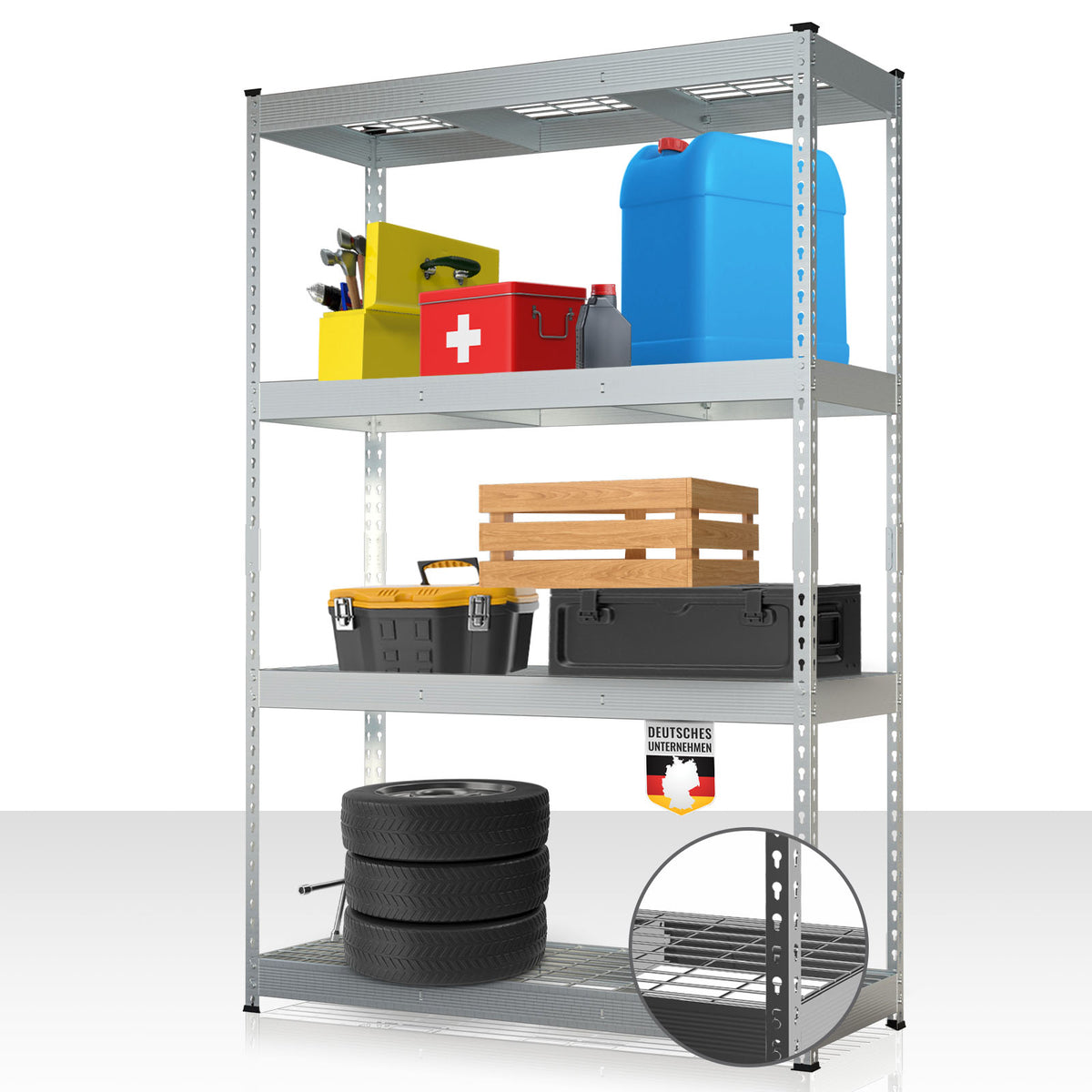 Étagère pour charges lourdes | Yukon Rivet | Étagère en acier avec tablettes grillagées | Capacité de charge de 250-350 kg par étage | Différentes tailles et couleurs