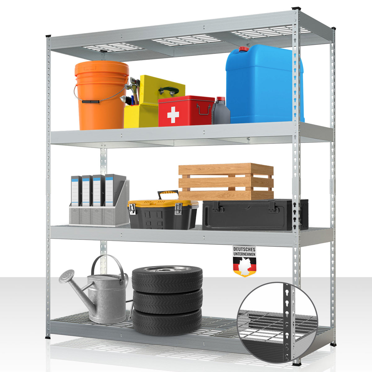 Étagère pour charges lourdes | Yukon Rivet | Étagère en acier avec tablettes grillagées | Capacité de charge de 250-350 kg par étage | Différentes tailles et couleurs