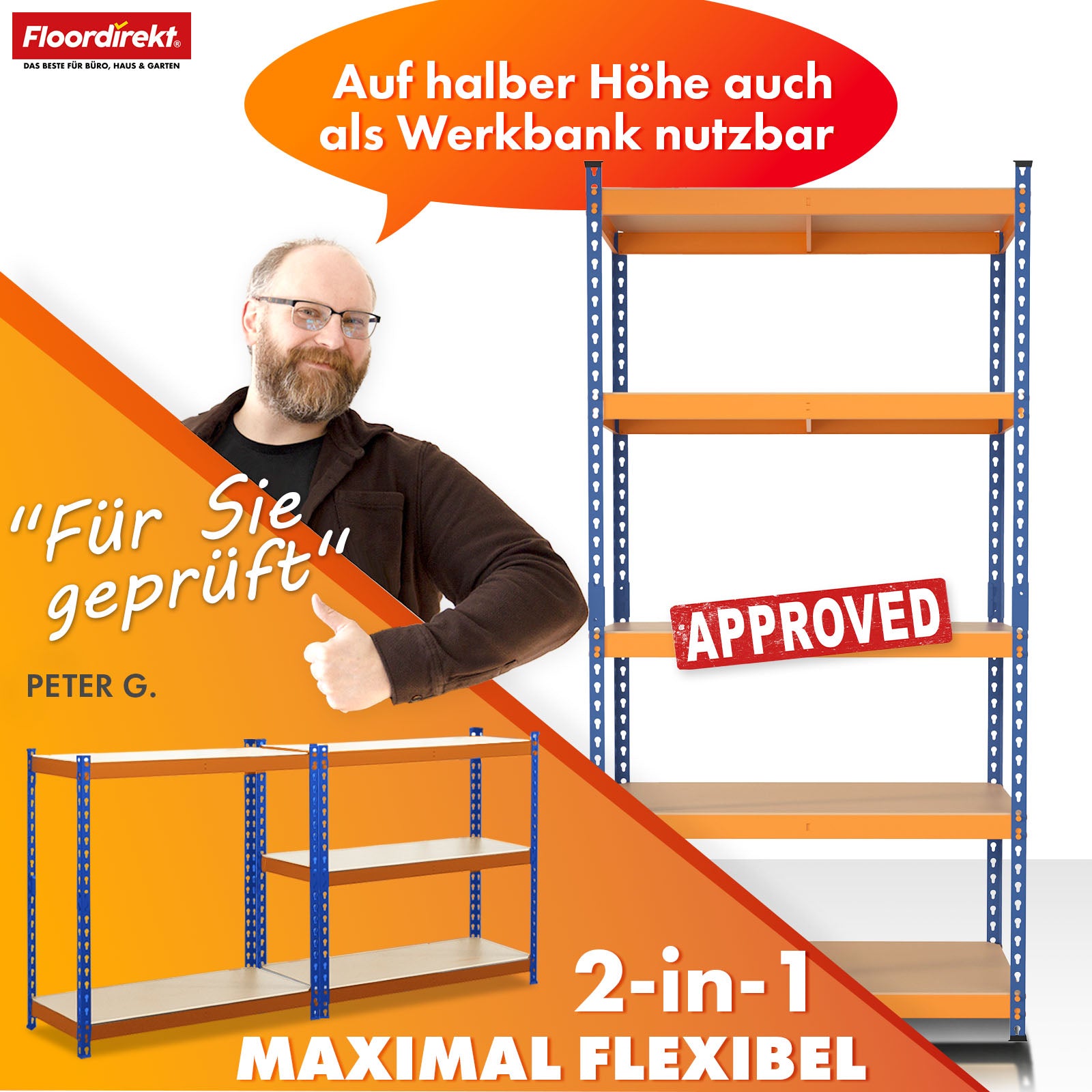 Étagère pour charges lourdes | Rhino | Étagère de stockage avec 5 étagères | Charge admissible de 1050 kg | Système d'emboîtement innovant | En différentes couleurs et tailles