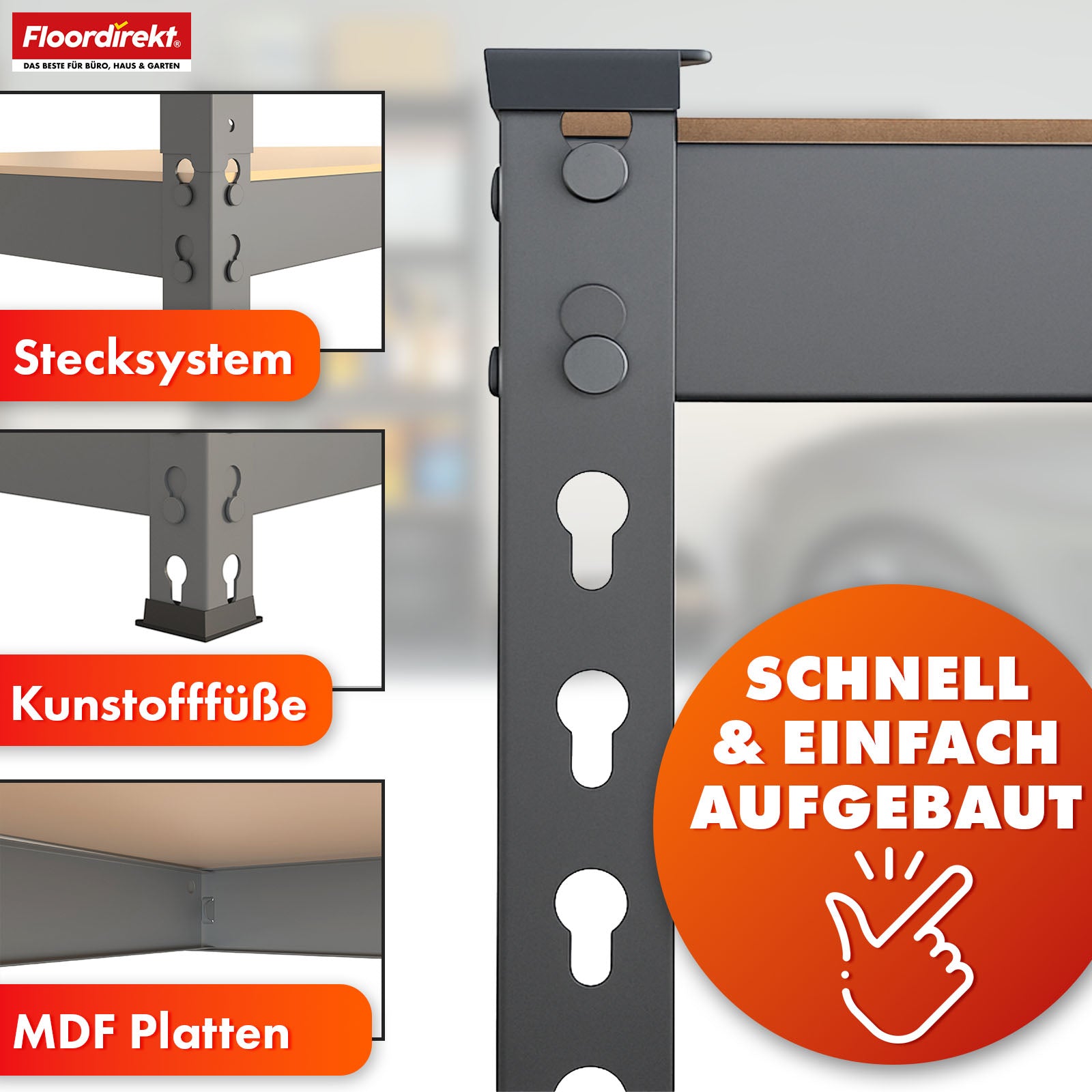 Étagère pour charges lourdes | Rhino | Étagère de stockage avec 5 étagères | Charge admissible de 1050 kg | Système d'emboîtement innovant | En différentes couleurs et tailles