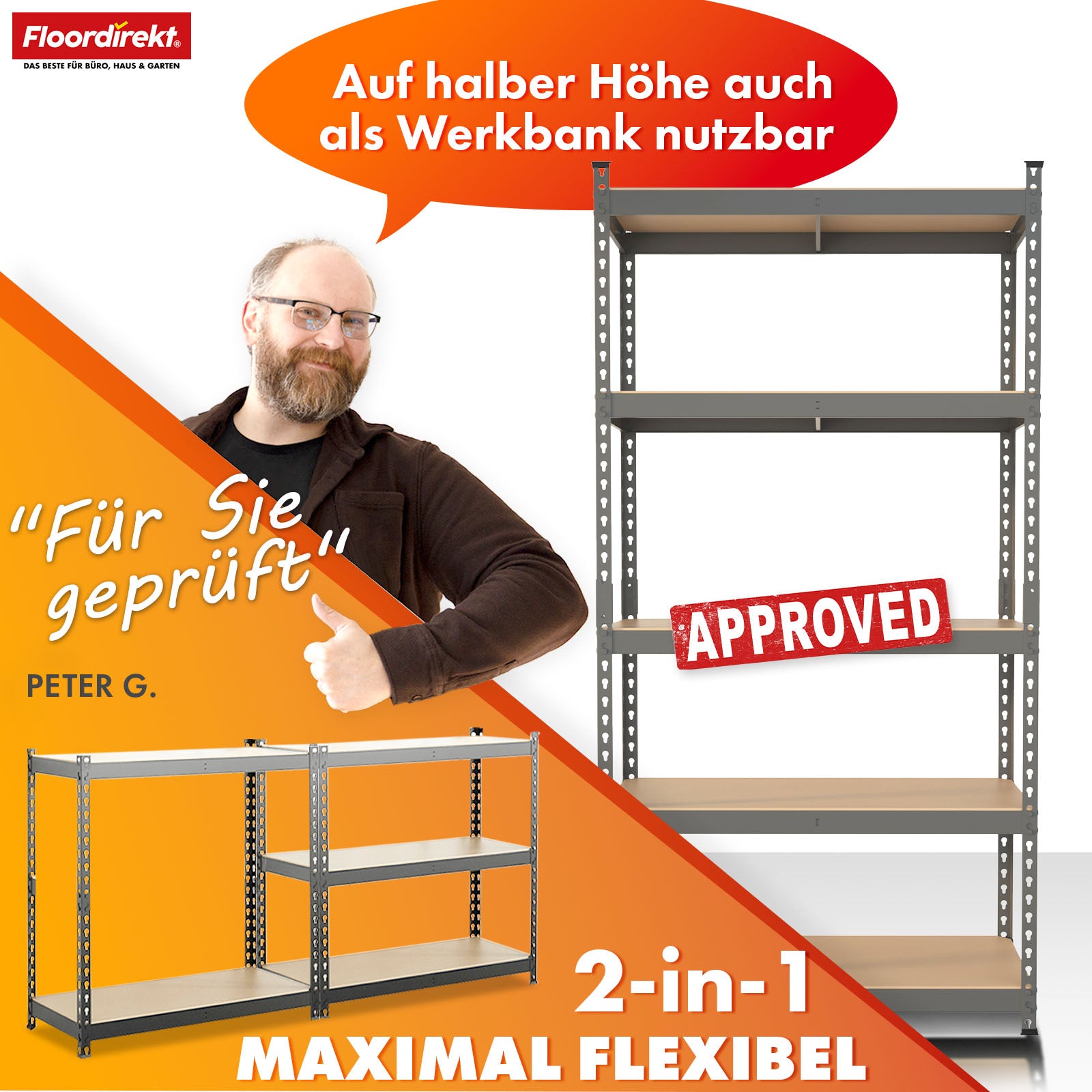 Étagère pour charges lourdes | Rhino | Étagère de stockage avec 5 étagères | Charge admissible de 1050 kg | Système d'emboîtement innovant | En différentes couleurs et tailles