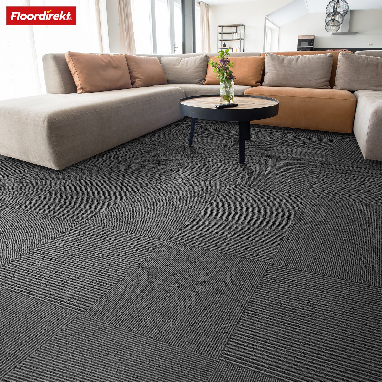 Dalles de moquette | Bern | 50 x 50 cm | Auto-portant avec motif à rayures | En anthracite, gris & beige pour les entreprises et les particuliers