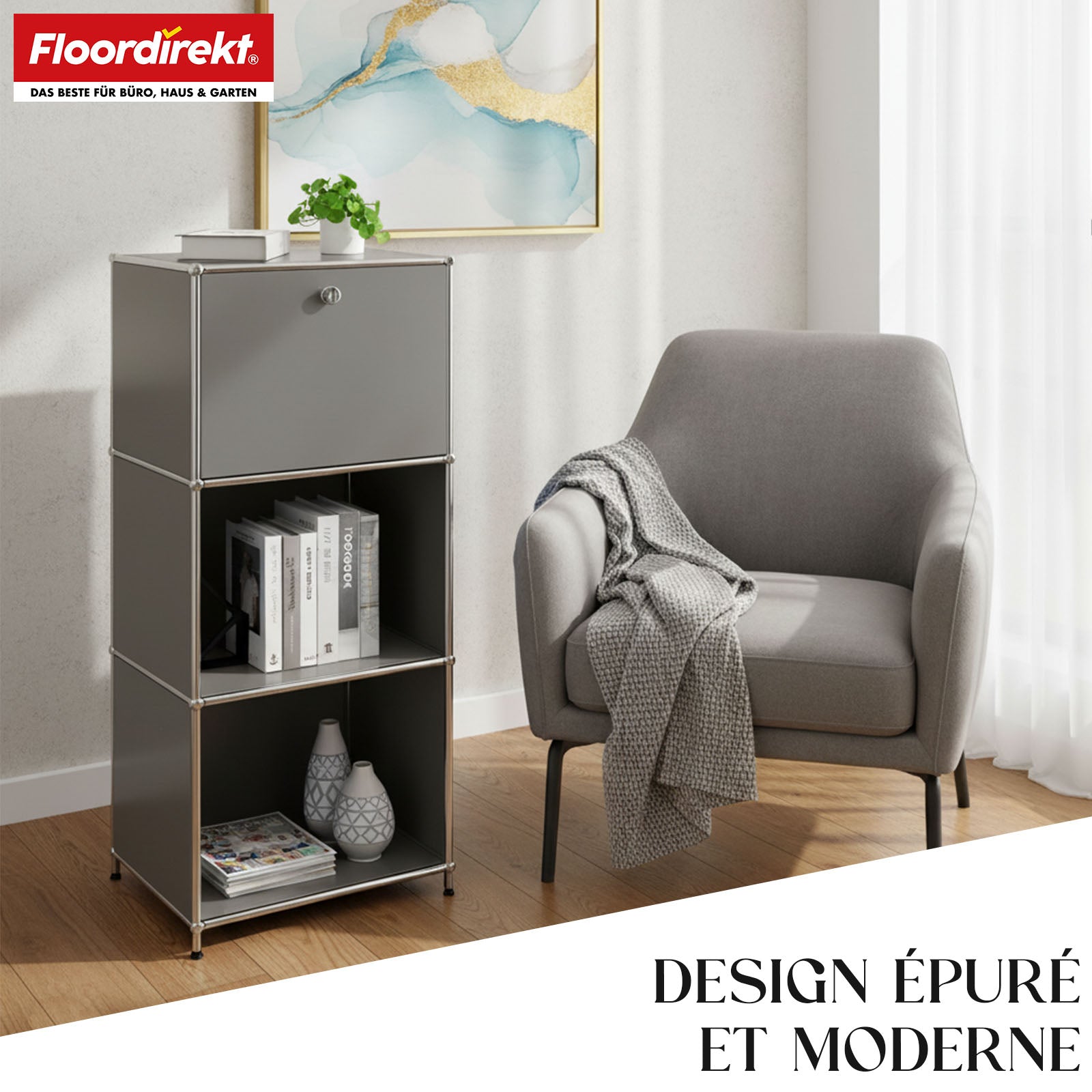 Étagère métallique | Concept Epure MK-107 | Étagère de rangement à 4 niveaux avec compartiment verrouillable et tablettes | Disponible en plusieurs couleurs