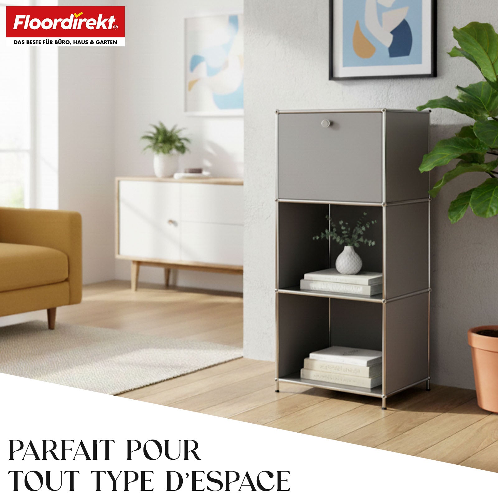 Étagère métallique | Concept Epure MK-107 | Étagère de rangement à 4 niveaux avec compartiment verrouillable et tablettes | Disponible en plusieurs couleurs