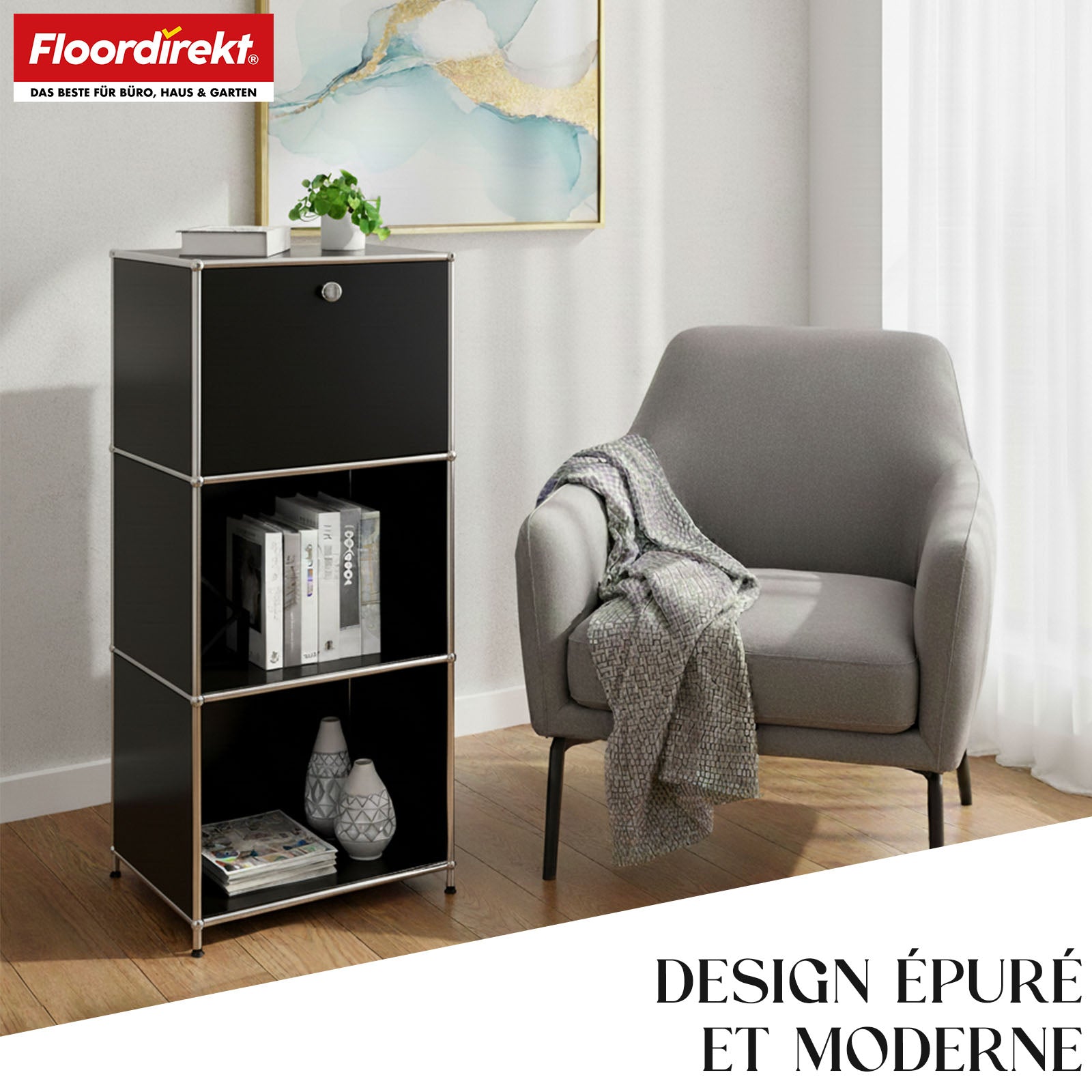 Étagère métallique | Concept Epure MK-107 | Étagère de rangement à 4 niveaux avec compartiment verrouillable et tablettes | Disponible en plusieurs couleurs