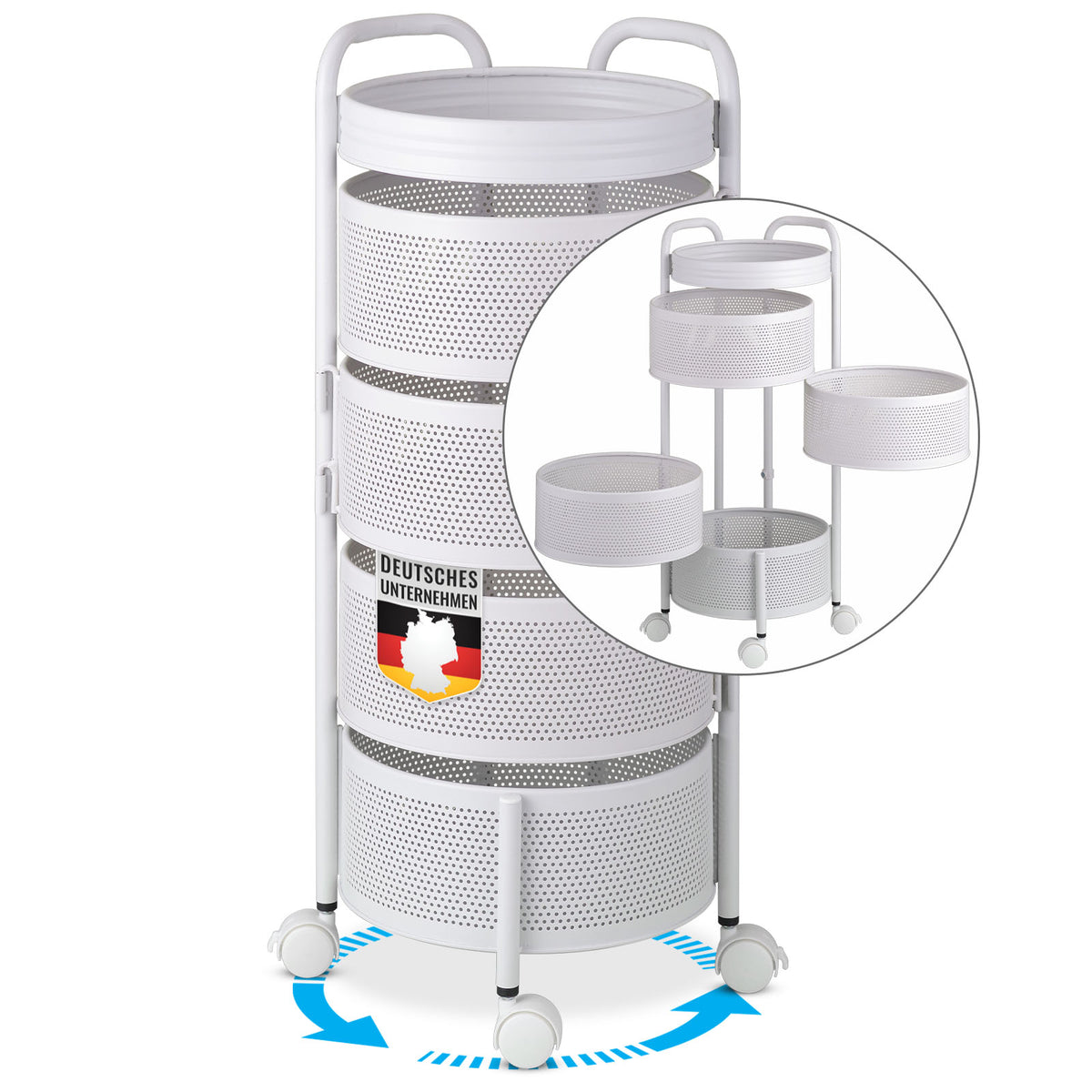 Chariot | Henry | Étagère en acier blanc pour cuisine et salle de bain | 5 étagères avec paniers rabattables