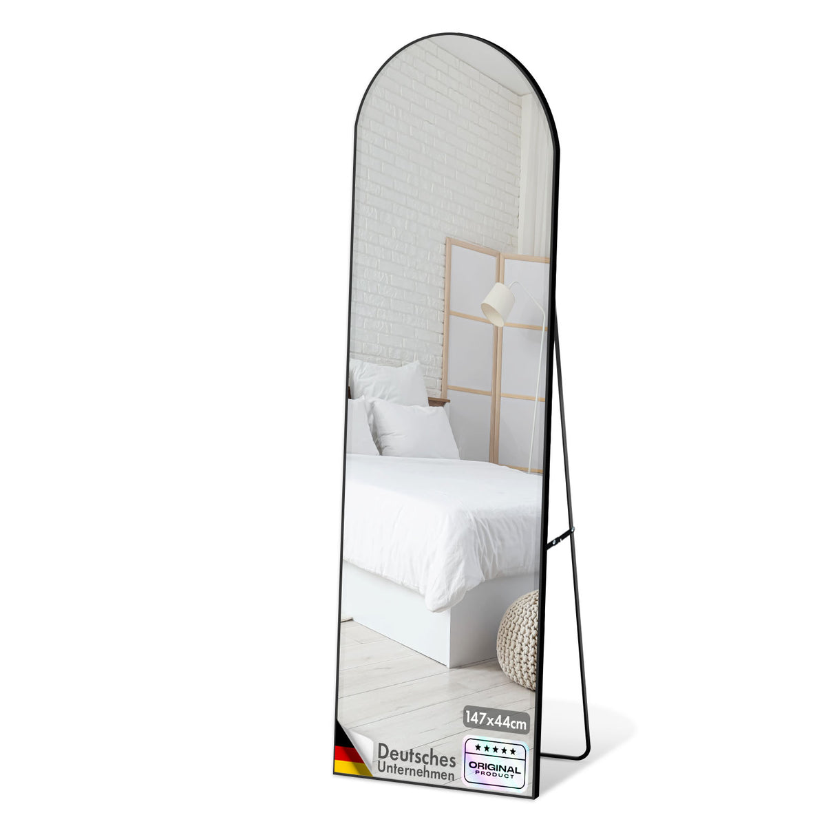 Miroir pleine longueur | Madison | Cadre en aluminium noir incurvé | Sur pied et fixation murale