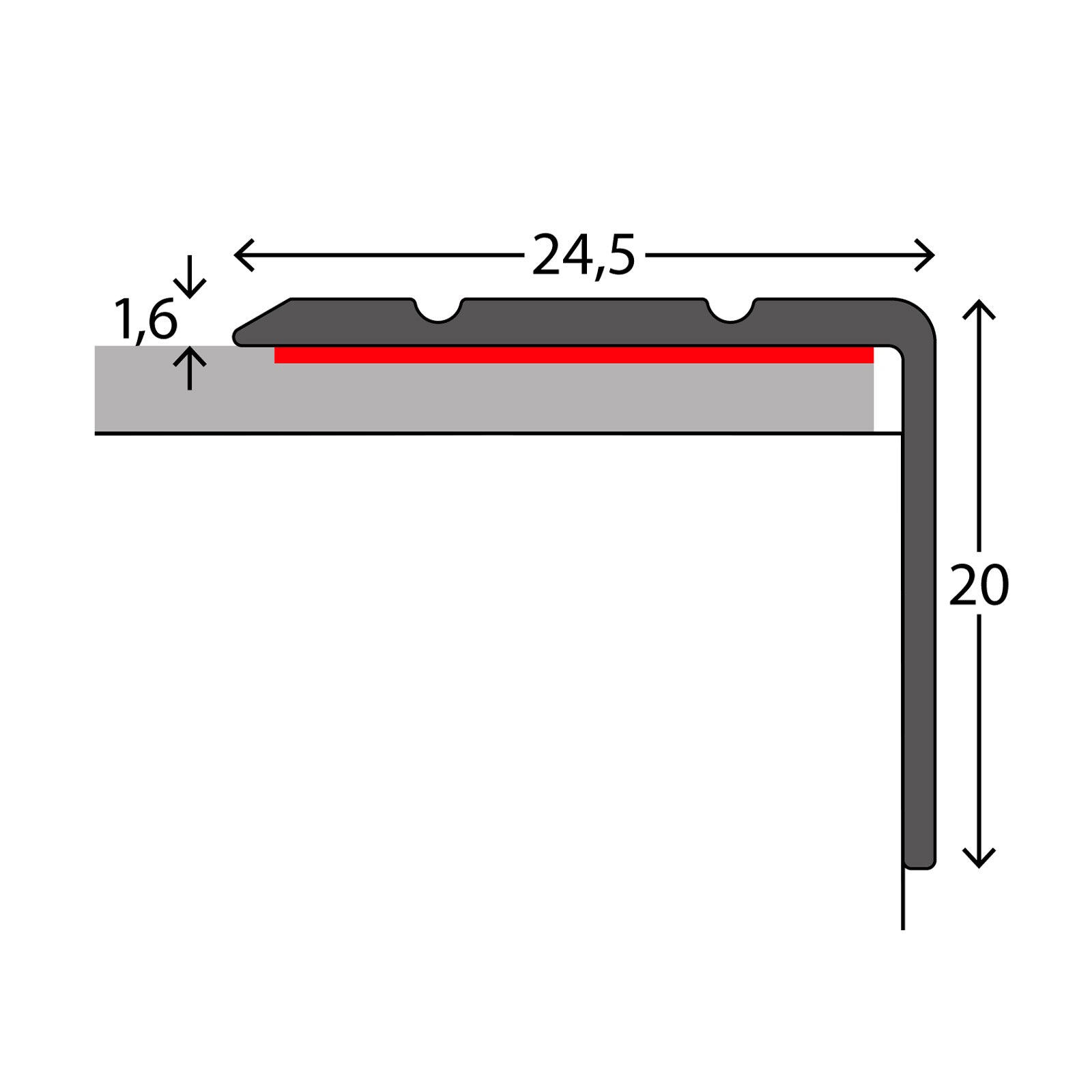 Profilé de nez de marche | Aluminium | Pré-percé ou auto-adhésif | 24,5 x 20 mm