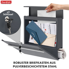 Boîte aux lettres | Gaston | Boîte aux lettres murale moderne avec compartiment pour les journaux & porte-nom en acier inoxydable, anthracite