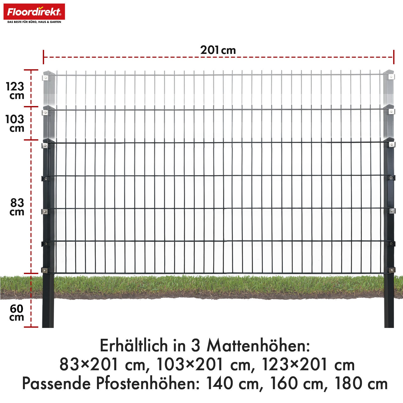 Clôture à double barres | LIMES | Kit complet de clôture en acier anthracite avec poteaux pour jardin, allée et zones commerciales | Disponible en différentes hauteurs et longueurs
