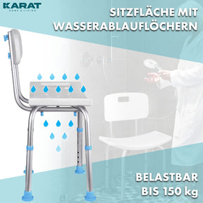 Tabouret de douche | Jonah | Réglable en hauteur avec dossier | Chaise de bain ergonomique pour le bain et la douche, antidérapante & stable, supporte jusqu'à 150 kg