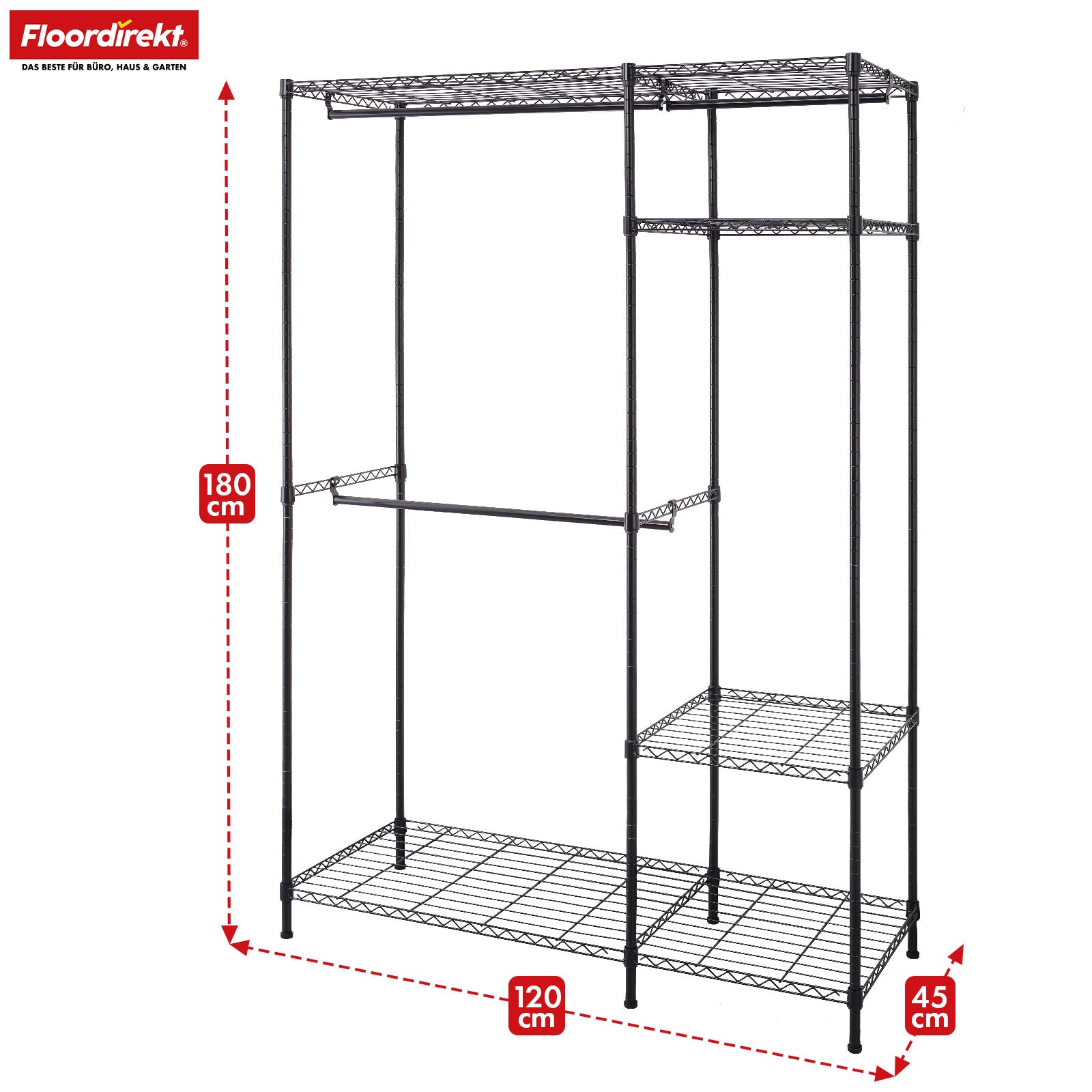 Armoire | Edward | Portemanteau ouvert en acier thermolaqué avec tringles à vêtements et étagères réglables