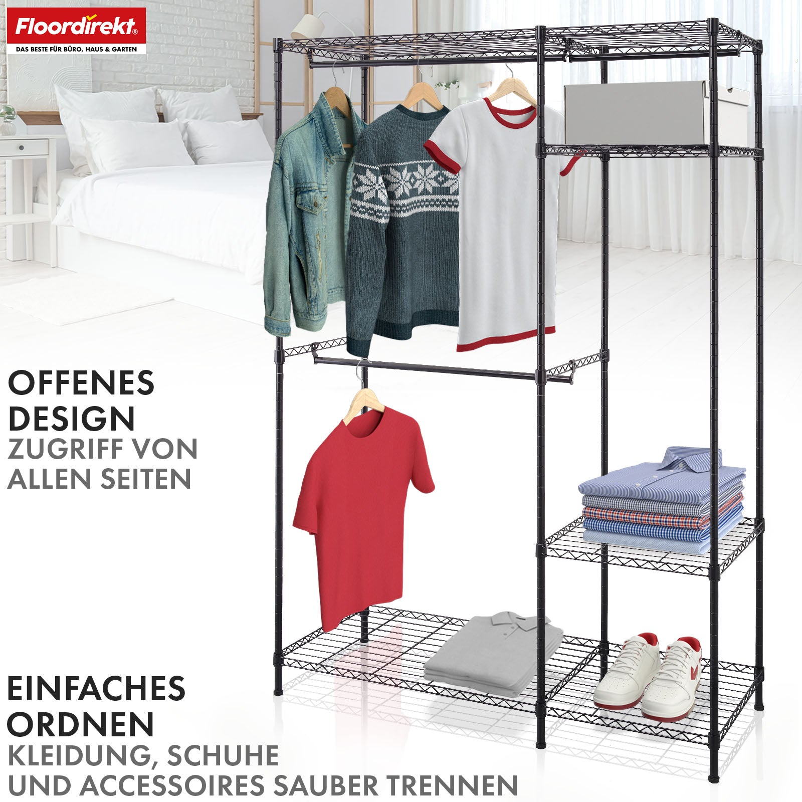 Armoire | Edward | Portemanteau ouvert en acier thermolaqué avec tringles à vêtements et étagères réglables