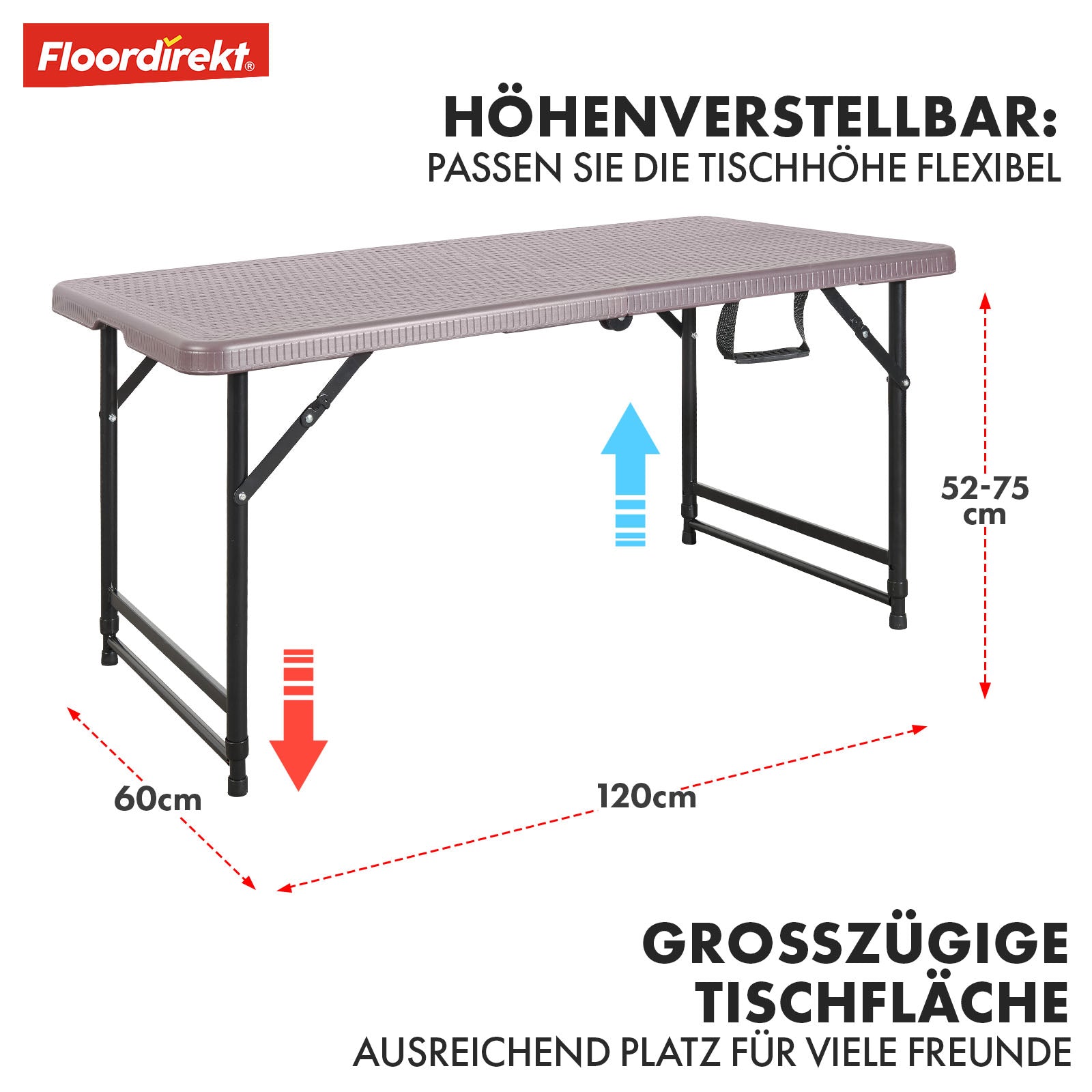 Table pliante | Saga | Réglable en hauteur et résistante aux intempéries, idéale pour le jardin et le camping | 120 x 60 cm