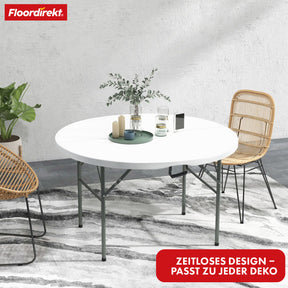 Table pliante | Shiga | Table de jardin ronde blanche | Pliable avec poignée de transport | 120 cm de diamètre