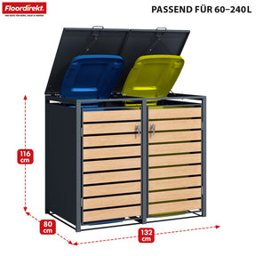 Abri pour poubelles | Johan | Habillage pour poubelles anthracite avec décor bois et cadre robuste en acier inoxydable | 1-3 portes | Rangement de poubelle pour 60-240 L