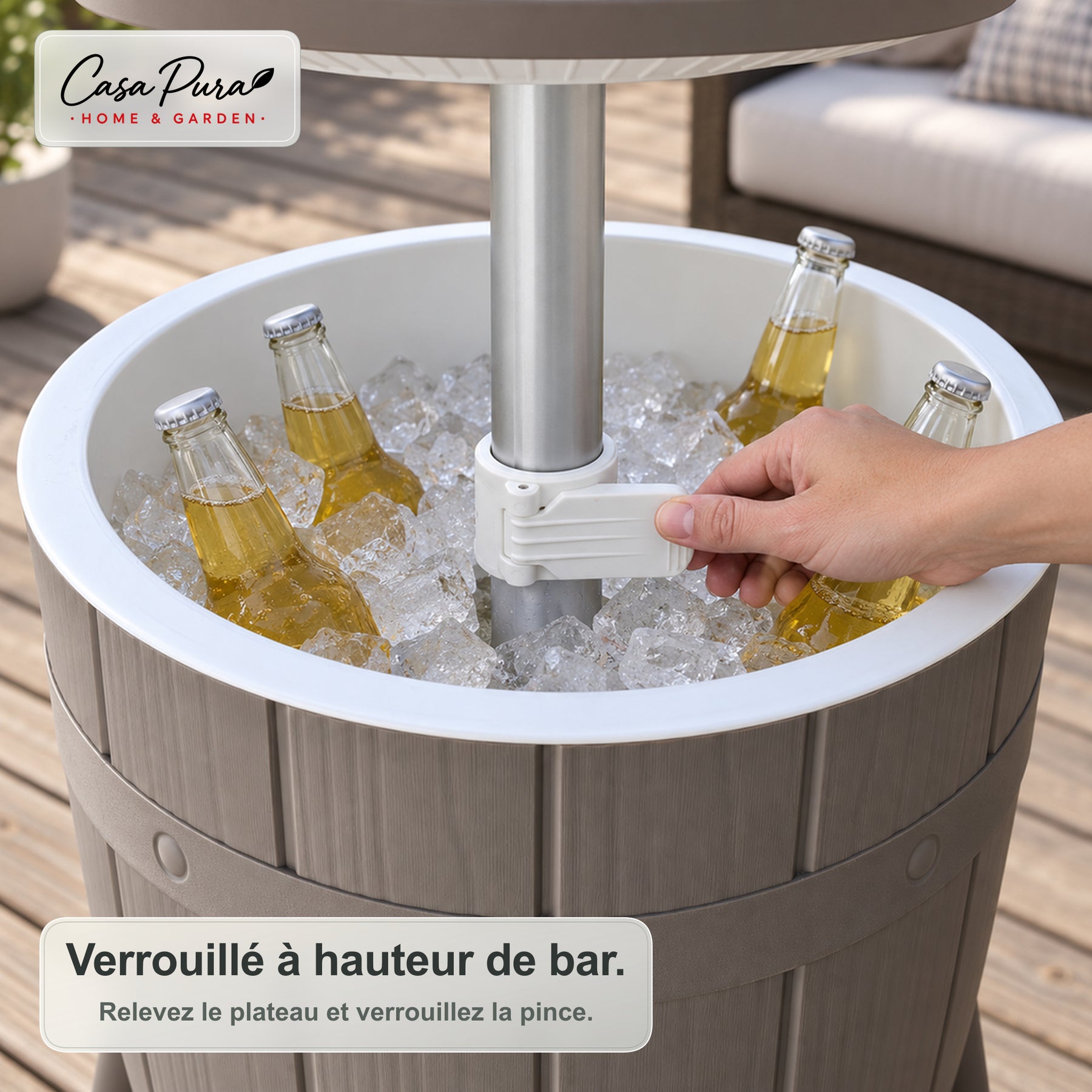 Table glacière | Bora | Table de jardin réglable en hauteur avec bac réfrigérant de 37 L, effet tonneau | 2 coloris