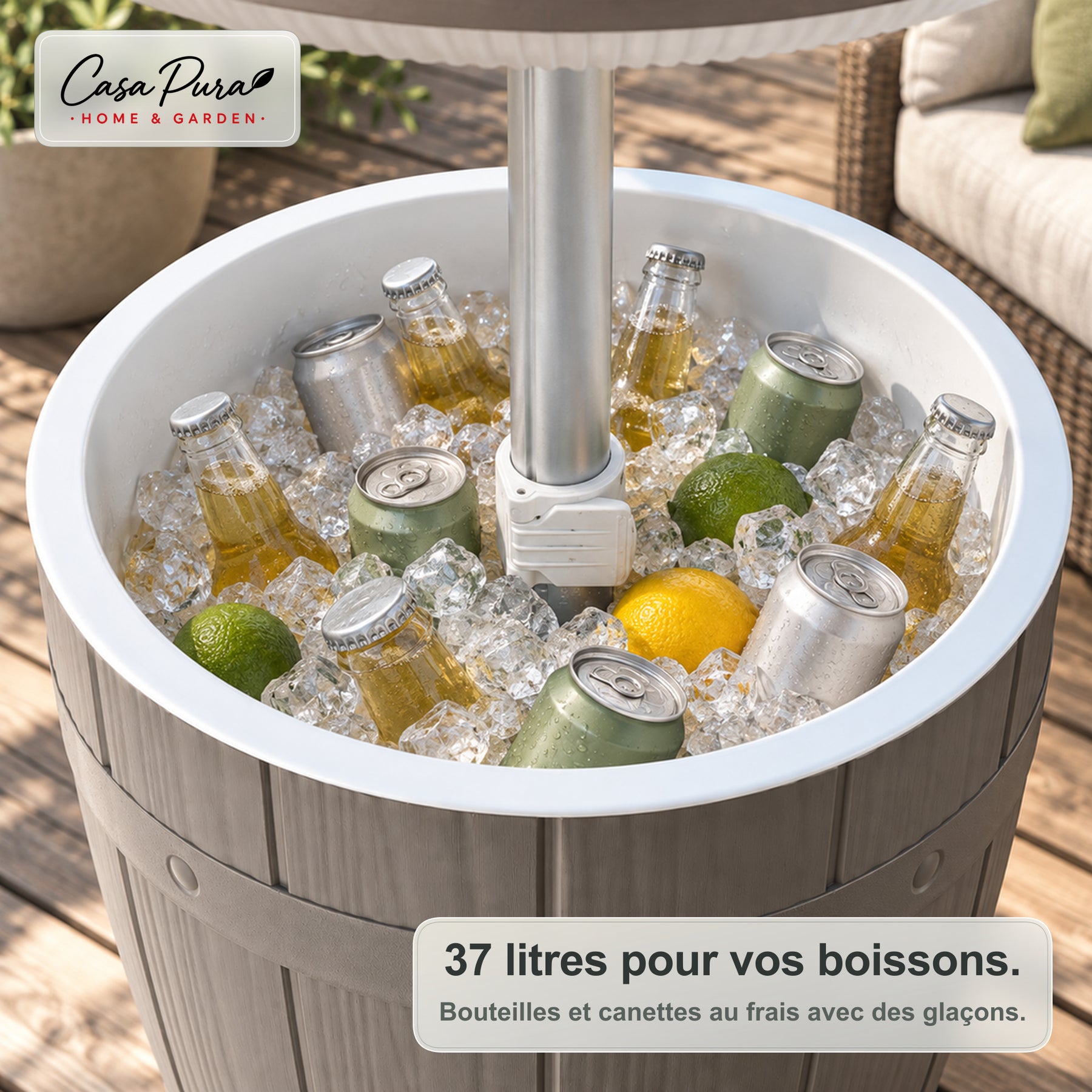 Table glacière | Bora | Table de jardin réglable en hauteur avec bac réfrigérant de 37 L, effet tonneau | 2 coloris