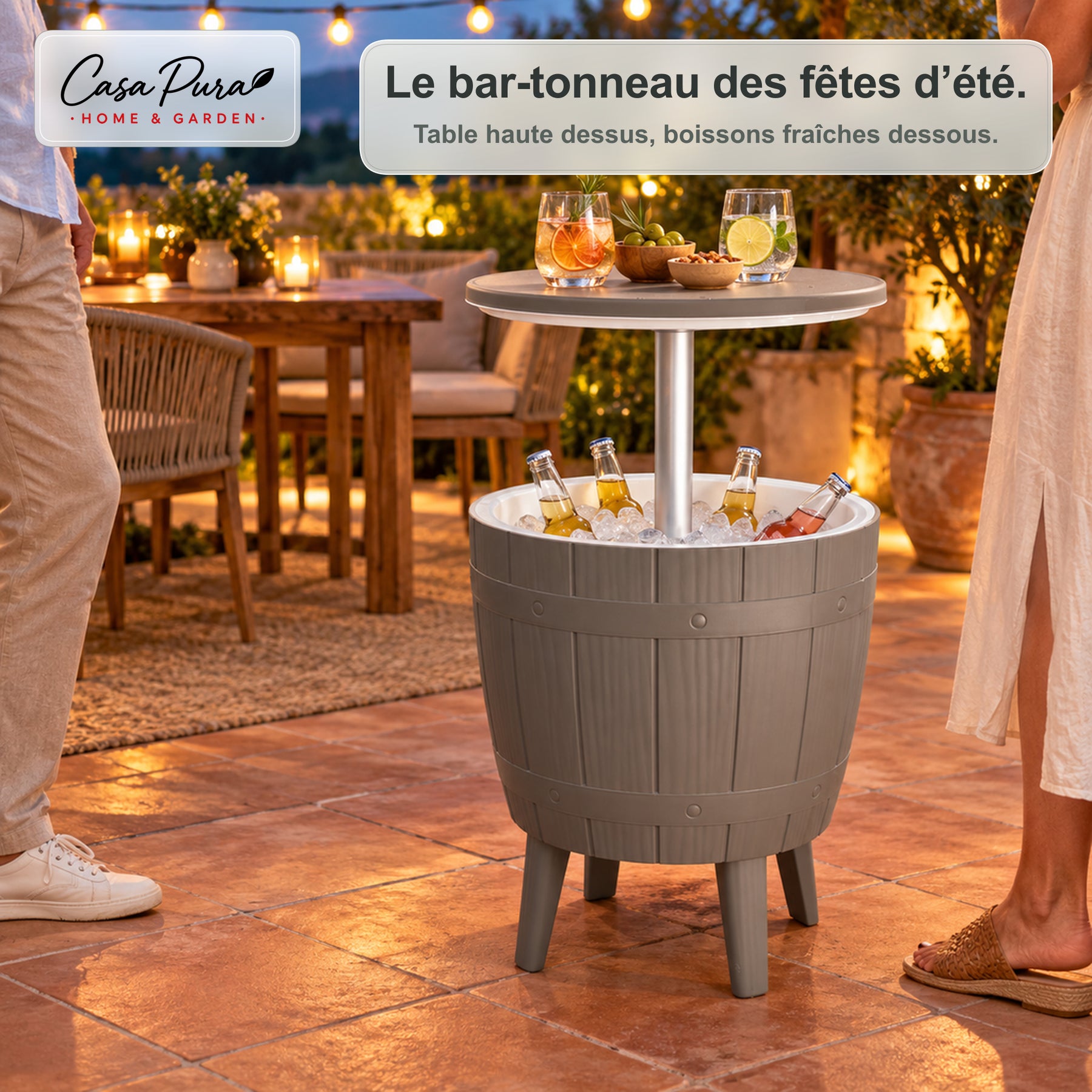 Table glacière | Bora | Table de jardin réglable en hauteur avec bac réfrigérant de 37 L, effet tonneau | 2 coloris