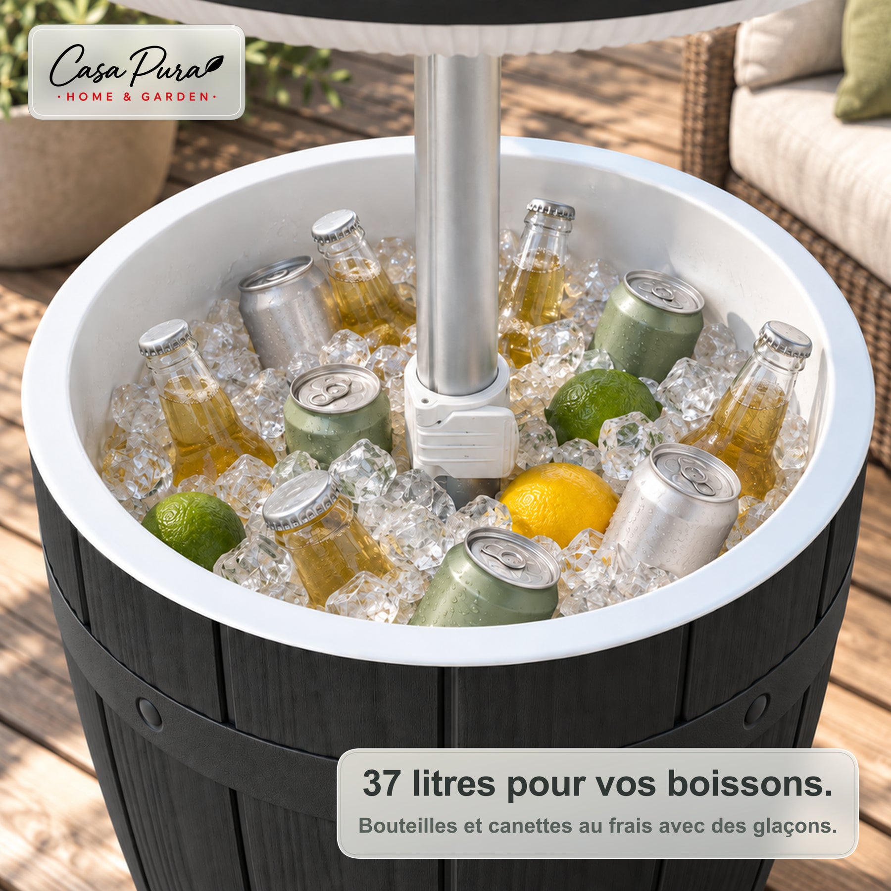 Table glacière | Bora | Table de jardin réglable en hauteur avec bac réfrigérant de 37 L, effet tonneau | 2 coloris