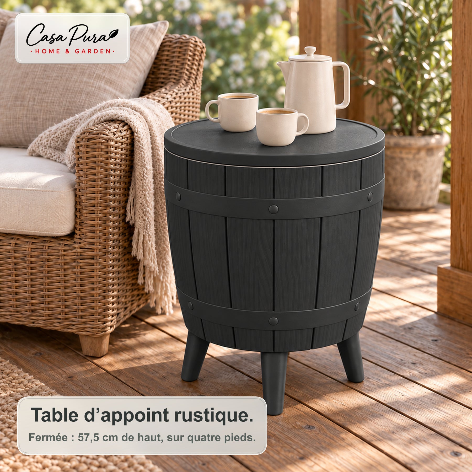 Table glacière | Bora | Table de jardin réglable en hauteur avec bac réfrigérant de 37 L, effet tonneau | 2 coloris