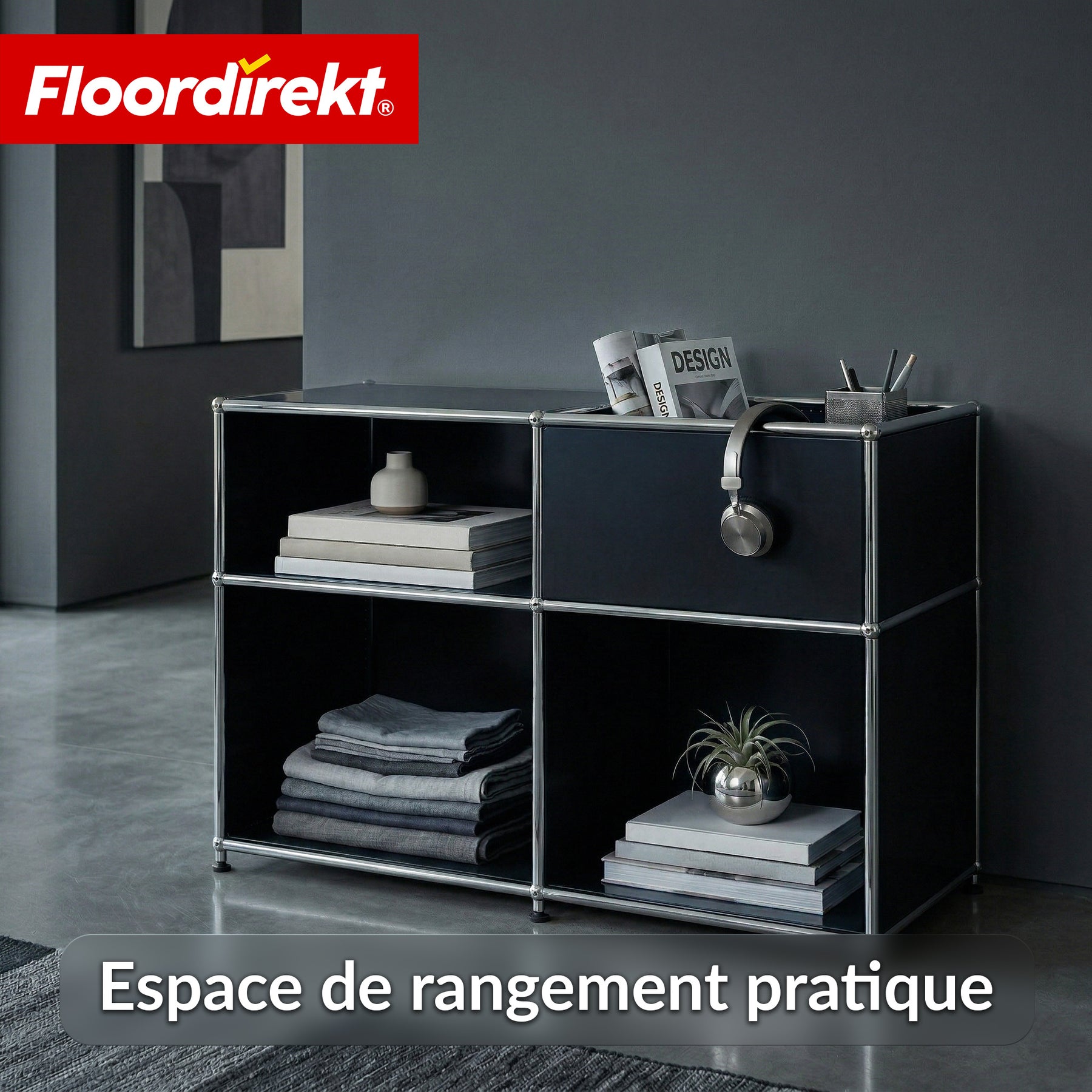 Étagère métallique | Concept Epure MK-030 | Étagère sur pied avec 3 niveaux & compartiment de rangement | Étagère cuisine, bureau & salon