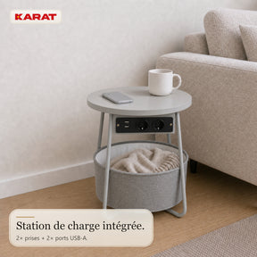 Table d’appoint | Dario | Table ronde avec 2 prises, 2 ports USB-A & panier de rangement | Ø 45 cm | 4 coloris