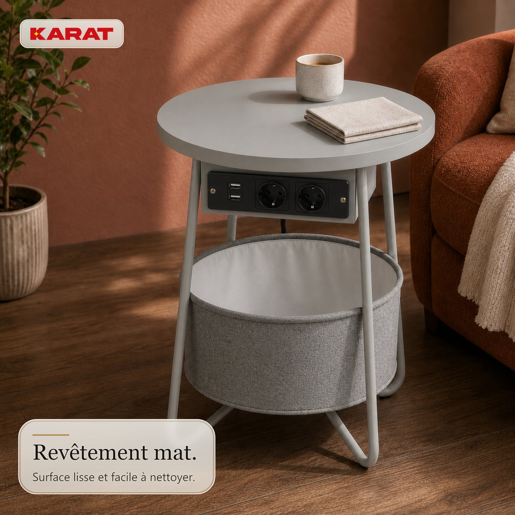 Table d’appoint | Dario | Table ronde avec 2 prises, 2 ports USB-A & panier de rangement | Ø 45 cm | 4 coloris