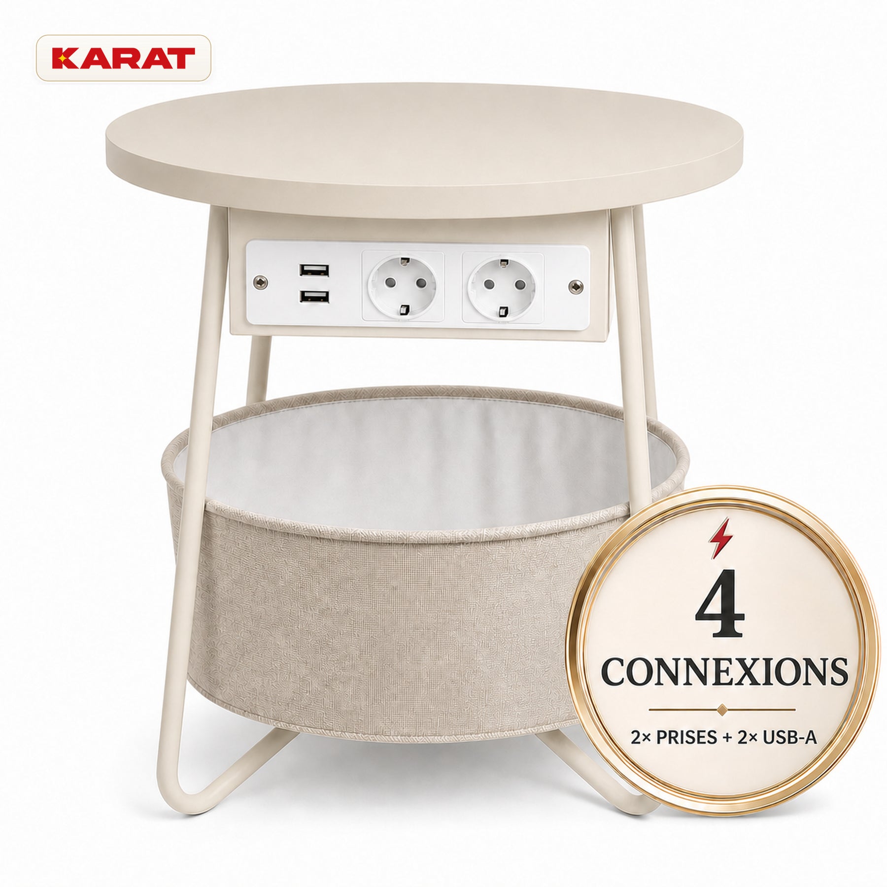 Table d’appoint | Dario | Table ronde avec 2 prises, 2 ports USB-A & panier de rangement | Ø 45 cm | 4 coloris