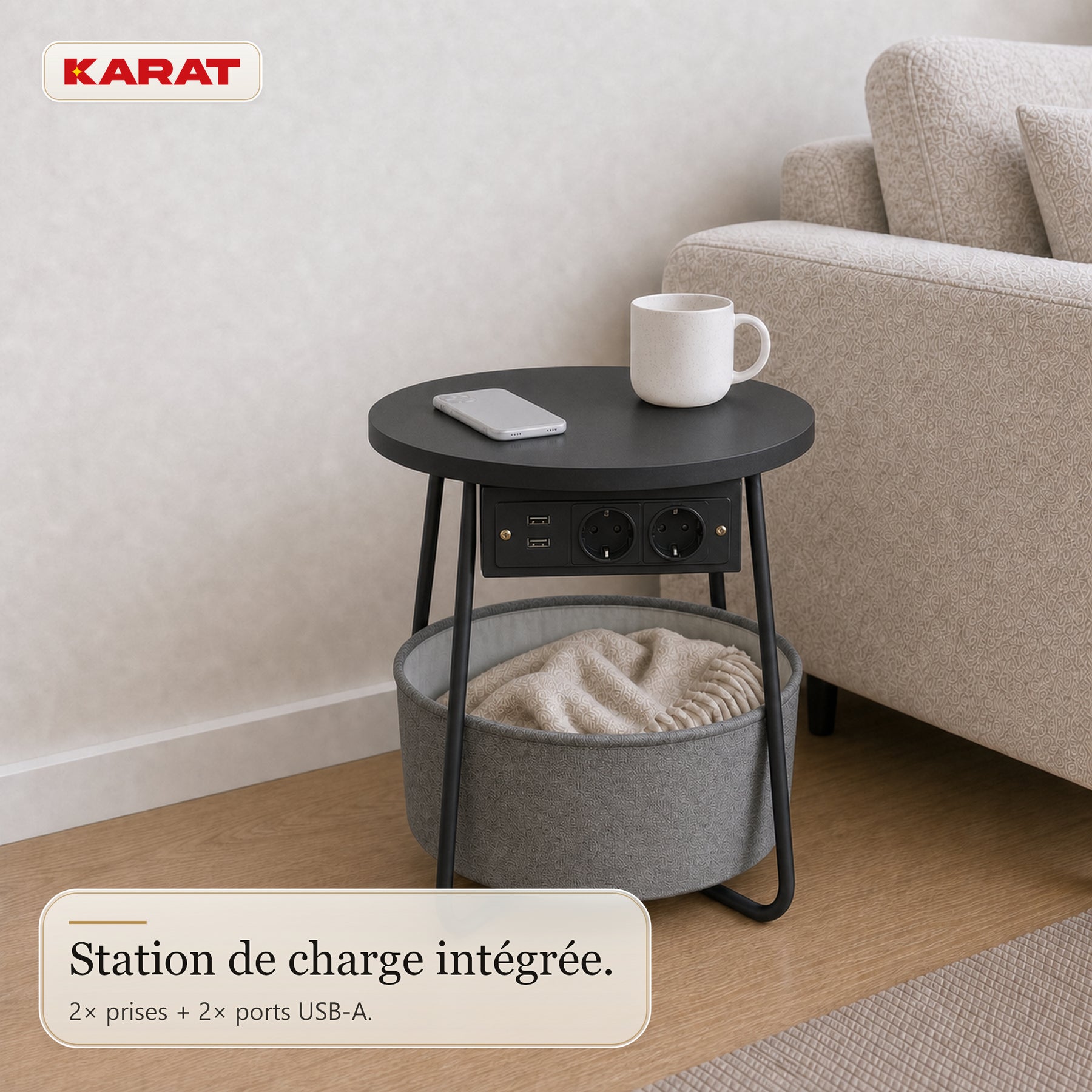 Table d’appoint | Dario | Table ronde avec 2 prises, 2 ports USB-A & panier de rangement | Ø 45 cm | 4 coloris