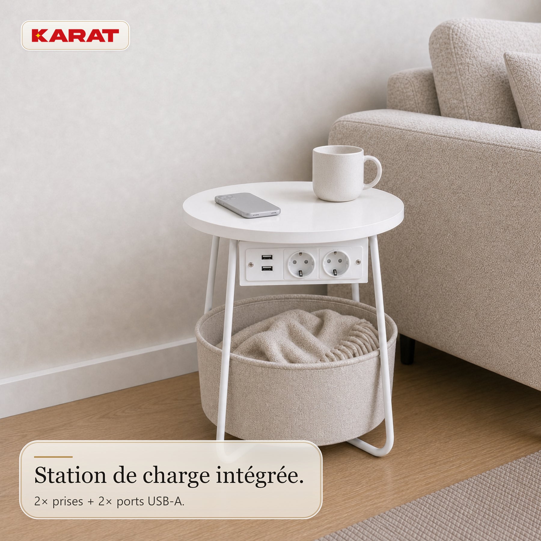 Table d’appoint | Dario | Table ronde avec 2 prises, 2 ports USB-A & panier de rangement | Ø 45 cm | 4 coloris