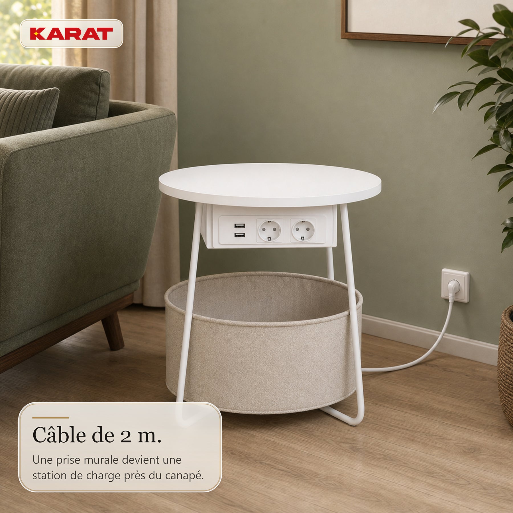 Table d’appoint | Dario | Table ronde avec 2 prises, 2 ports USB-A & panier de rangement | Ø 45 cm | 4 coloris