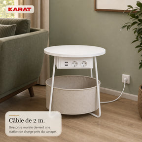 Table d’appoint | Dario | Table ronde avec 2 prises, 2 ports USB-A & panier de rangement | Ø 45 cm | 4 coloris