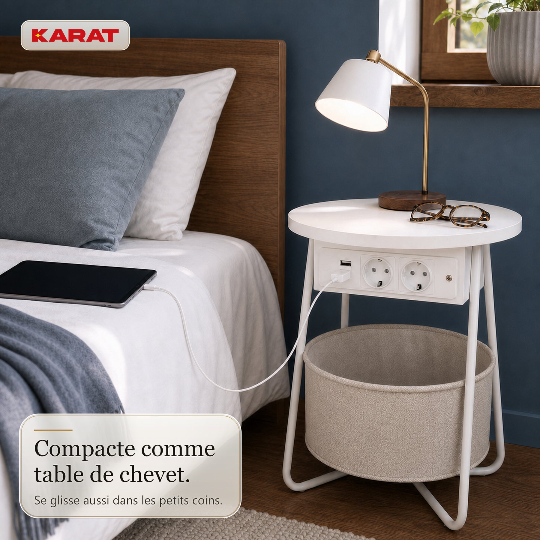 Table d’appoint | Dario | Table ronde avec 2 prises, 2 ports USB-A & panier de rangement | Ø 45 cm | 4 coloris