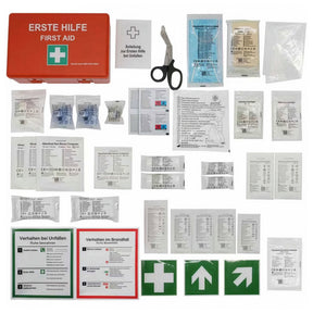 Trousse de premiers secours | DIN 13157:2021 | Coffret de secours avec support mural & autocollants ISO