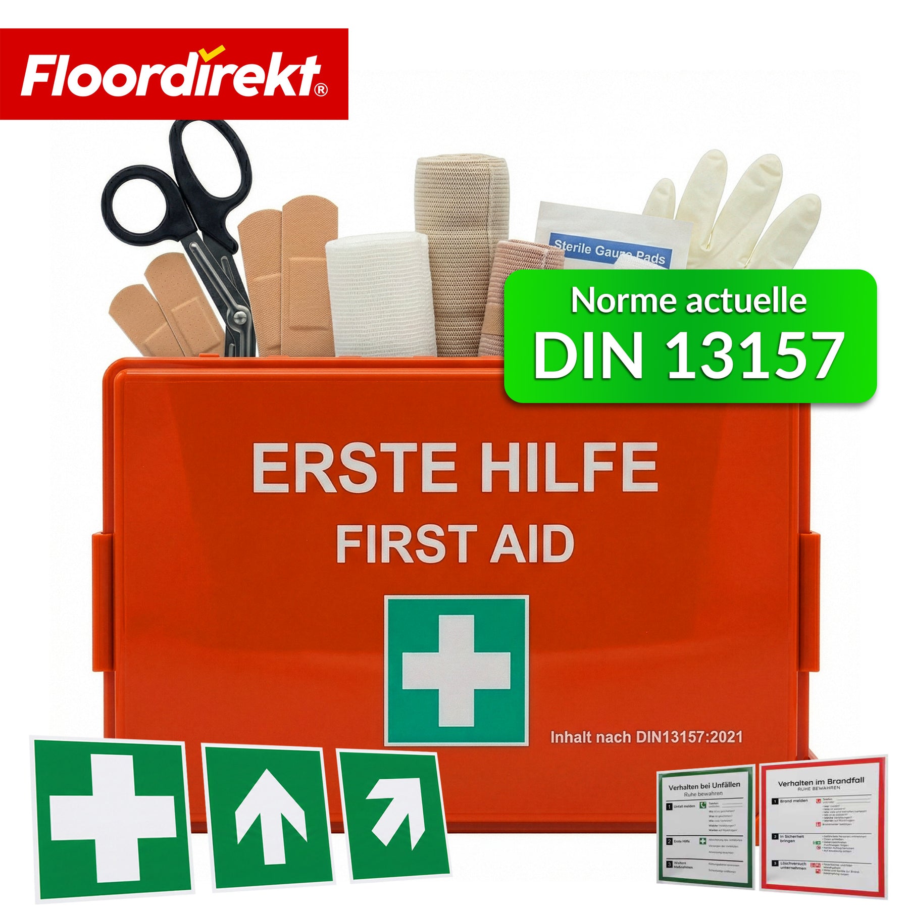 Trousse de premiers secours | DIN 13157:2021 | Coffret de secours avec support mural & autocollants ISO