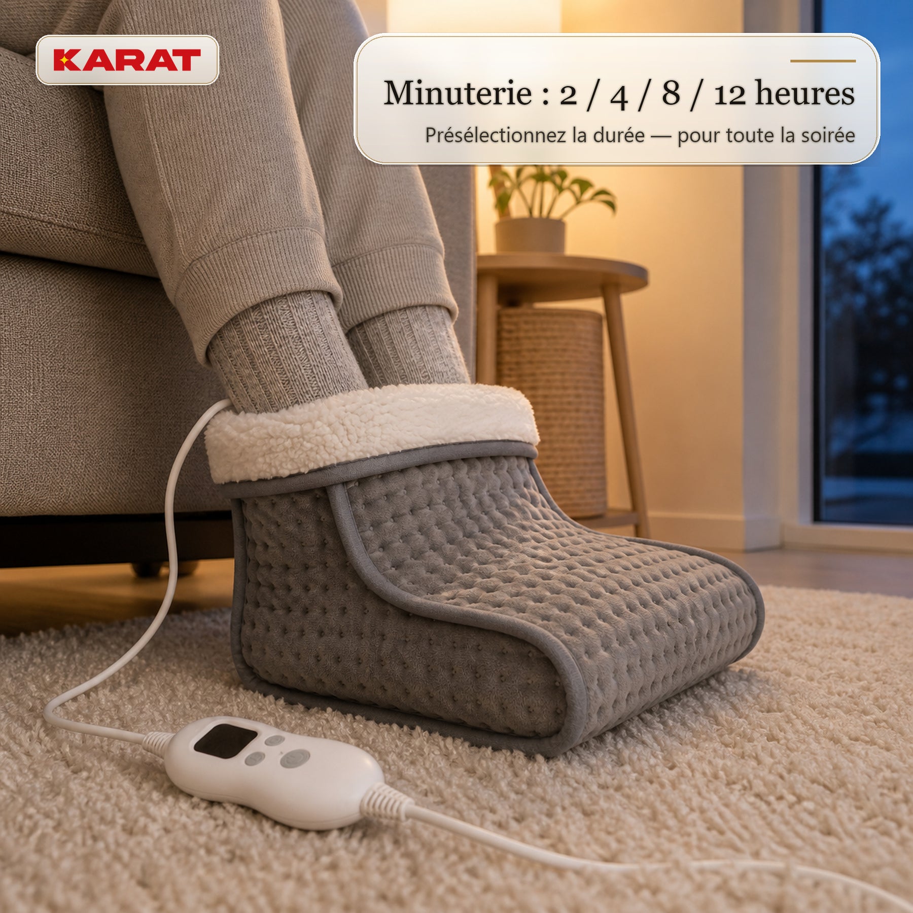Chauffe-pieds électrique | Fjord | 6 niveaux jusqu’à 55 °C, minuterie & doublure Sherpa | 4 couleurs