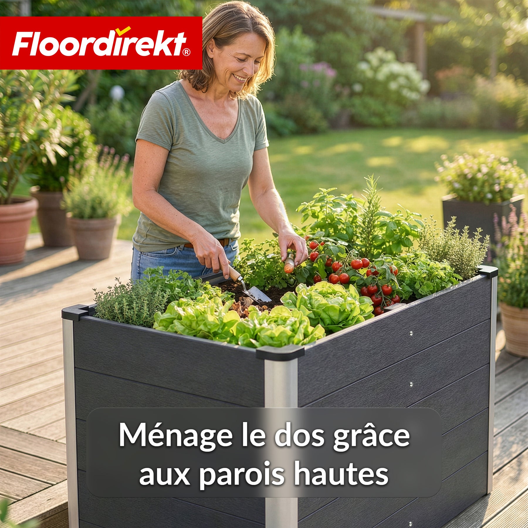 Carré potager surélevé en WPC | Delos | 150x70x75 cm | Extra stable avec barre de renfort | Anthracite | Angles en aluminium
