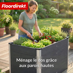 Carré potager surélevé en WPC | Delos | 150x70x75 cm | Extra stable avec barre de renfort | Anthracite | Angles en aluminium