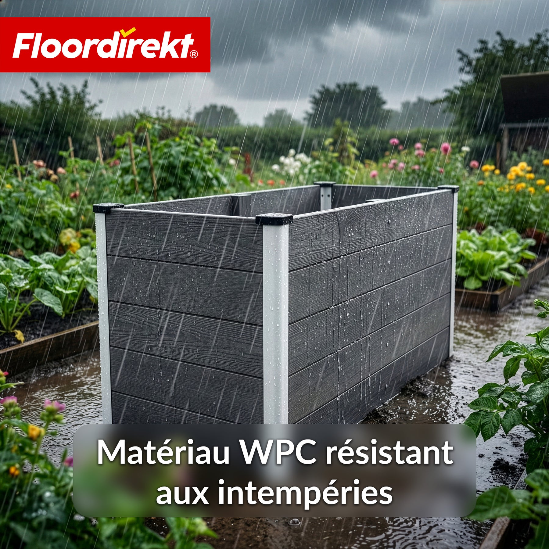 Carré potager surélevé en WPC | Delos | 150x70x75 cm | Extra stable avec barre de renfort | Anthracite | Angles en aluminium
