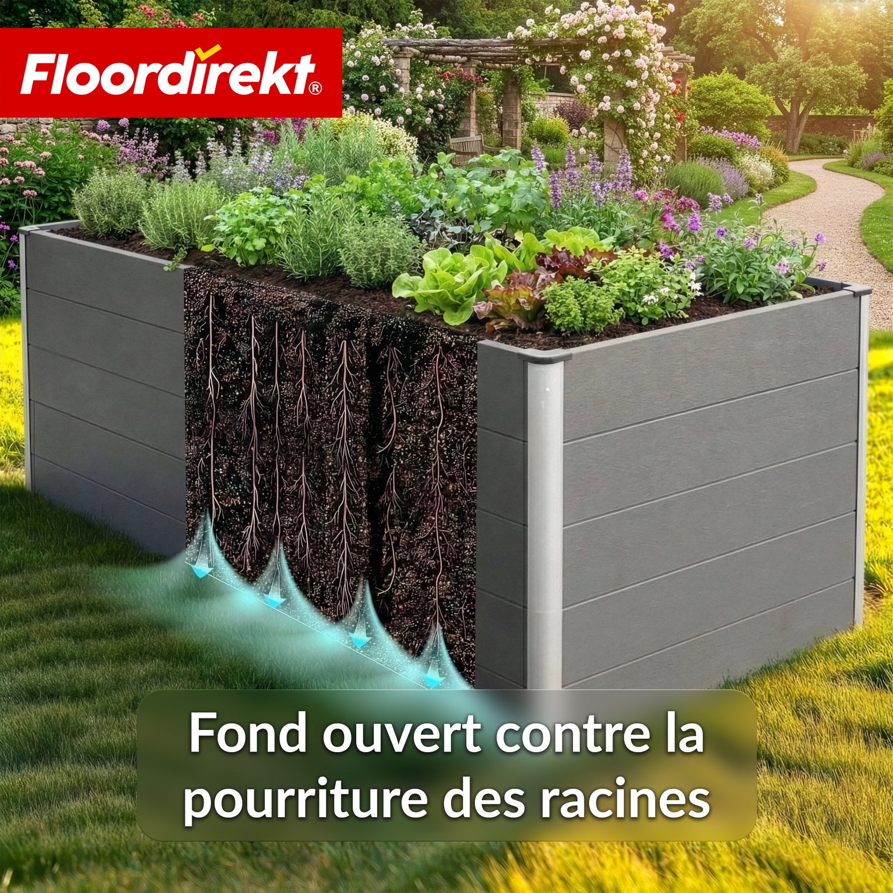 Carré potager surélevé en WPC | Delos | 150x70x75 cm | Extra stable avec barre de renfort | Anthracite | Angles en aluminium